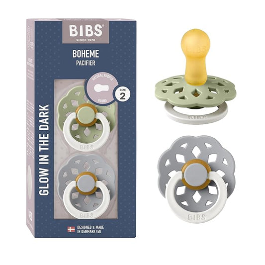 BIBS Boheme Glow in The Dark Soother 2-Pack. BPA Free. Round Latex, Size 2 (6-18 Months)