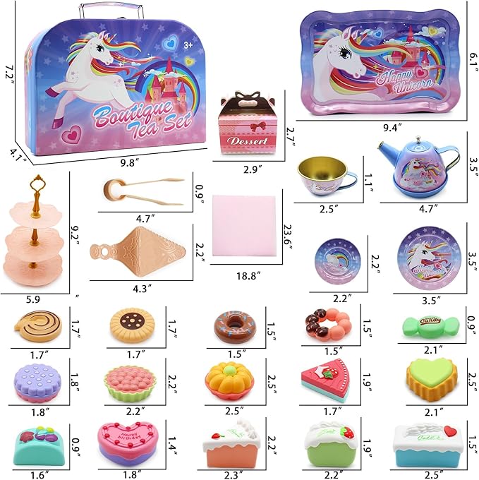Dollox Kids Tea Party Playsets for Little Girls, Pretend Tin Teapot Set Princess Tea Time Toys Playset with Teapot, Cups, Plates and Carrying Case Birthday Gifts Ideas for Age 3 4 5 6 Years Old Girls