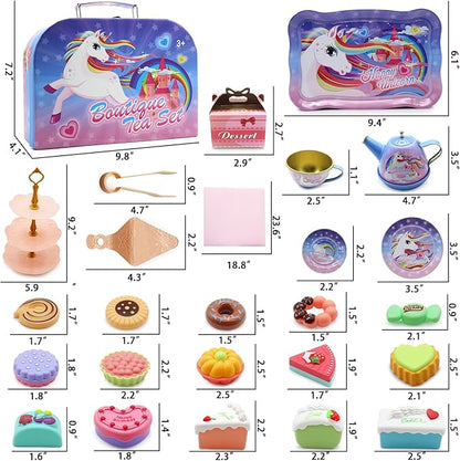 Dollox Kids Tea Party Playsets for Little Girls, Pretend Tin Teapot Set Princess Tea Time Toys Playset with Teapot, Cups, Plates and Carrying Case Birthday Gifts Ideas for Age 3 4 5 6 Years Old Girls