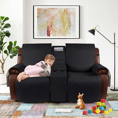 KinCam 100% Waterproof Recliner Loveseat Cover with Console, Non-Slip Reclining Couch Covers for 2 Seat, Recliner Sofa Cover Furniture Protector with Elastic Straps for Kids, Pets, Black
