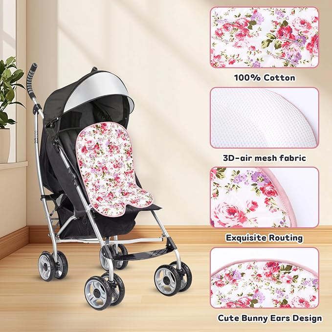 Baby Carriage Cushion, Universal Breathable Car Seat Insert Cushion, 3D Air Mesh Baby Seat Pad Liner for CarSeat, Buggy, High Chair (Flower)