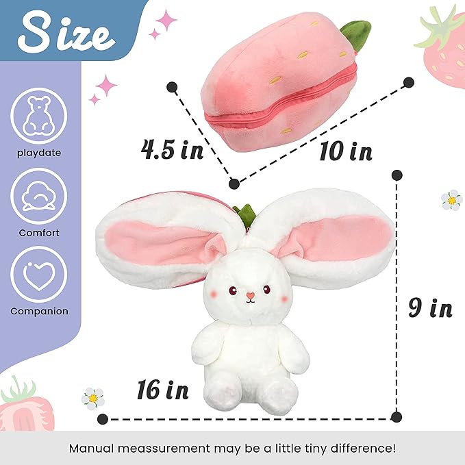 Hopearl Reversible Strawberry Floppy Ear Bunny Stuffed Animal with Zipper Adorable Magical Plush Toy Rabbit Soft Squishy Plushie Gifts for Kids Girls, Pink 10''