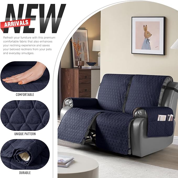 TAOCOCO 100% Waterproof Loveseat Recliner Cover-Recliner Cover with Non-Slip Granule, Recliner Chair Covers with Elastic Band,Washable Recliner Chair/Protector for Pets(Dark Blue, 2 Seater)