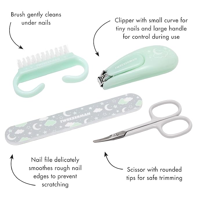 Tweezerman Baby Manicure Kit Includes Nail Clipper, Grooming Brush, Nail Trimming Scissors, and Nail File