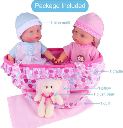 Baby Doll Cradle Bassinet Portable Doll Carrier Carry Bag,Soft Pillow Quilt Plush Bear Doll Clothes Outfit 8-9-10-11-12 Inch