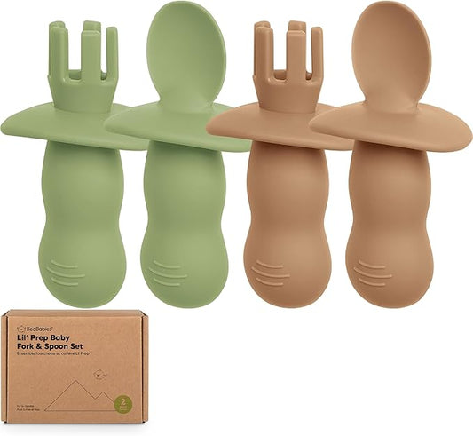 KeaBabies 4-Pack Silicone Baby Spoons and Forks Set - Baby Spoon Self Feeding, BLW Baby Utensils 6-12 Months, Baby Led Weaning Feeding Spoon,Teething Infant Baby First Food Training Pre Spoon (Desert)