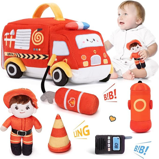 OUOZZZ Firetruck Toys for Toddlers 1-3 - Stuffed Toy Set with Baby Firefighter Doll - Fire Truck Plush Sensory Toy - First Birthday Gift fir Boys 2 Year Old Toys Montessori- Fire Toy for Babies