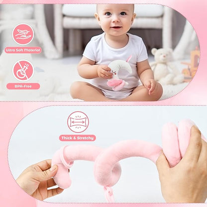 Spiral Car Seat & Stroller Activity Toy, Crib Hanging Rattles Toys for Ages 0-12 Months, Mirror, Textured Ribbons, Squeaky Carseat Stroller Toys, Newborn Baby Girl Gifts