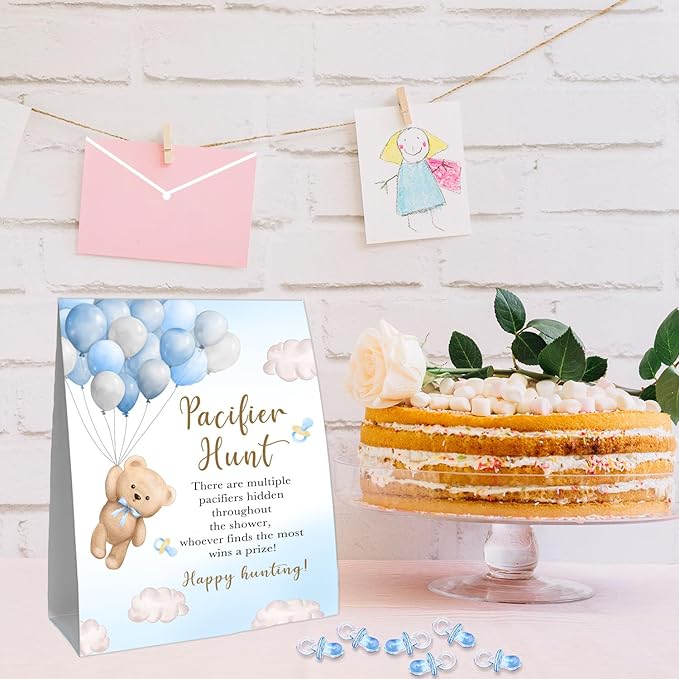 51Pcs Winnie Baby Shower Games, Include Baby Pacifier Hunt Sign and 50 Blue Mini Pacifiers