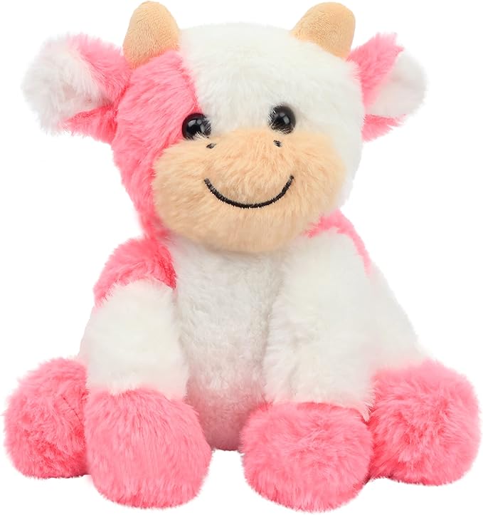 Hopearl Adorable Plush Cow Toy Floppy Dairy Cattle Soft Stuffed Animal Cute Birthday for Boys Girls Kids Toddlers, Strawberry Pink 9''