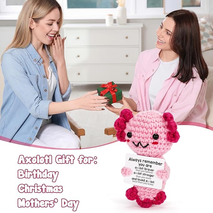 Positive Crochet Animal Axolotl, Handmade Emotional Supporting Plush Gifts for Women Girls Teens Friends, Birthday Christmas Stocking Stuffers Toy Gift Under 10 Dollars, Motivational Encouragement