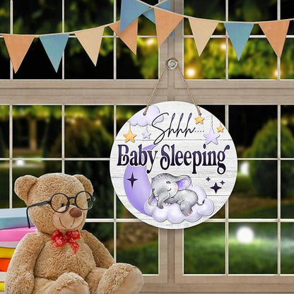 Deroro Shhh Baby Sleeping Front Door Sign, Elephant Purple Moon Cloud Stars Wood Door Hanger Outdoor Porch Nursery Decor