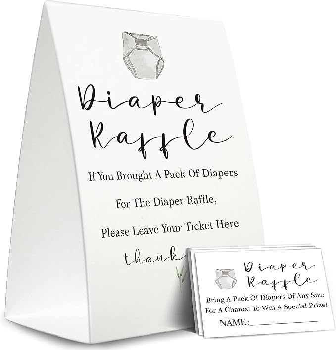 Diaper Raffle Sign,Diaper Raffle Baby Shower Game Kit (1 Standing Sign + 50 Guessing Cards) Diapers-N04