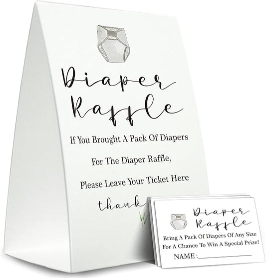 Diaper Raffle Sign,Diaper Raffle Baby Shower Game Kit (1 Standing Sign + 50 Guessing Cards) Diapers-N04