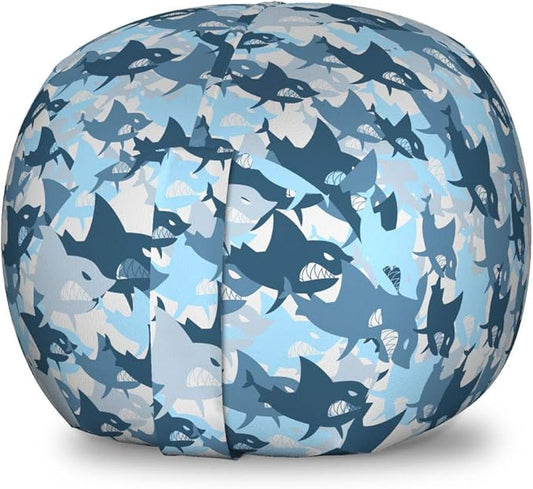 Lunarable Sea Animals Storage Toy Bag Chair, Camouflage Pattern with Aggressive Shark Fishes Scary Marine Predators, Stuffed Animal Organizer Washable Bag, Small Size, Blue Grey