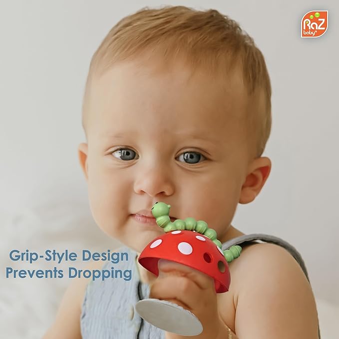 RaZbaby Chompy Grip Teether for Infant & Baby 3M+ Silicone Teether Toy with Suction Base and Multi-Texture Design for Teething Relief - Soothes Sore Gums & Easy-to-Hold Teether, BPA Free