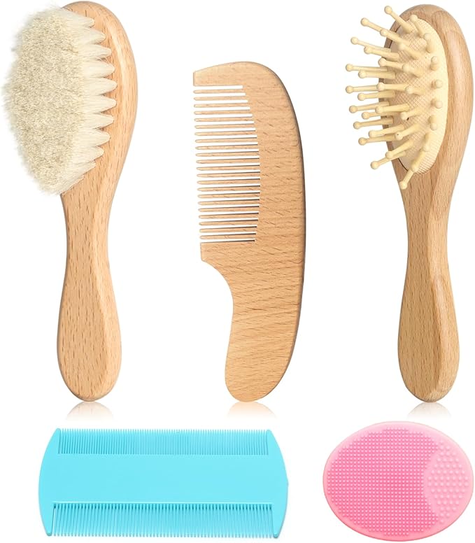 Goat Baby Hair Brush Set, Wooden Comb Massage Scalp Comb