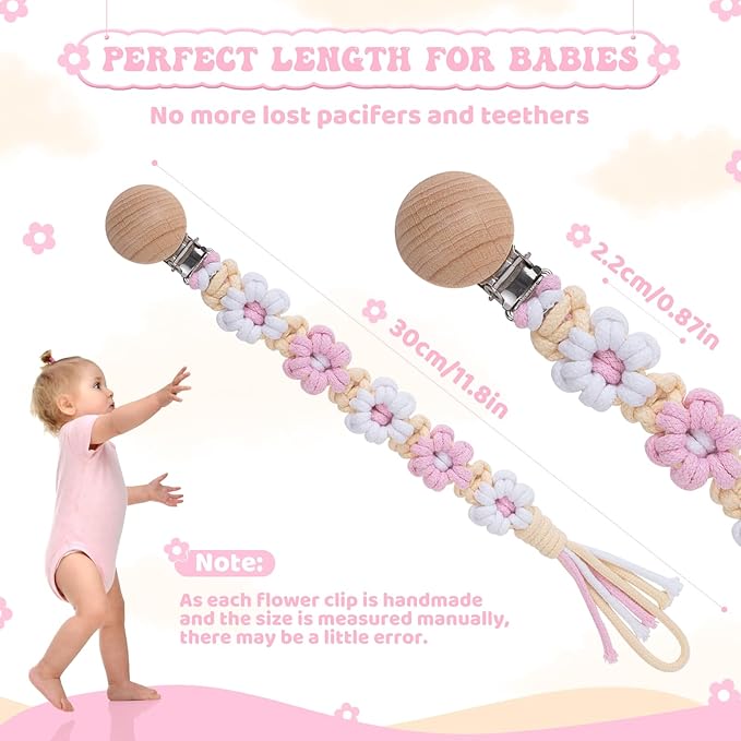 Pacifier Clip for Boys Girls Floral Daisy Macrame Baby Paci (1pack:Pink Daisy