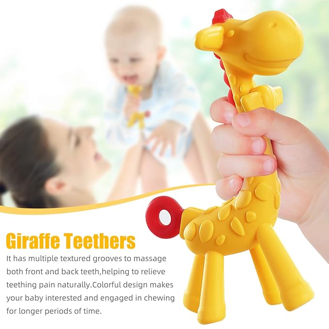 SHARE&CARE BPA Free Silicone Giraffe Baby Teether Toy with Storage Case, for 3 Months Above Infant Sore Gums Pain Relief and Baby Shower