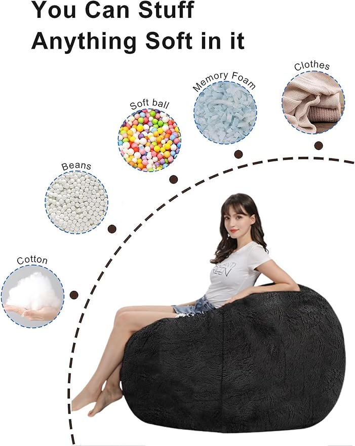 Bean Bag Chair for Adults Kids Without Filling Comfy Fluffy Oversized Round Beanbag Chair Lazy Sofa Cover for Reading Chair Floor Chair, 3.5FT, Black