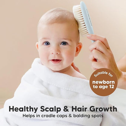 Wooden Baby Hair Brush - Cradle Cap Baby Brush with Soft Goat Bristles, Perfect Gentle Scalp Newborn Comb for Infant, Girls, Boys, Bath Essentials(Frost, Oval)