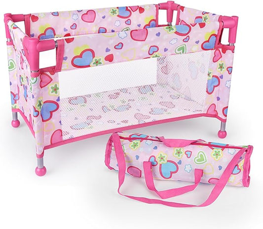 Toy Baby Doll Crib for 18'' Dolls, Cute Pink Heart Designed Baby Doll Bed with Carry Bag 3 Years+