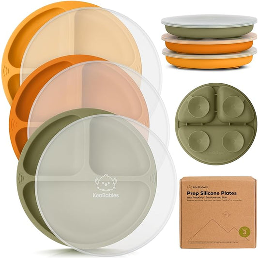 KeaBabies Suction Plates with Lids for Baby - 3-Pack 100% Silicone Suction Plates for Baby, Kids,Toddler Plates,Divided Baby Plates with Suction,Lids, BPA-Free, Microwave, Dishwasher Safe (Harvest)