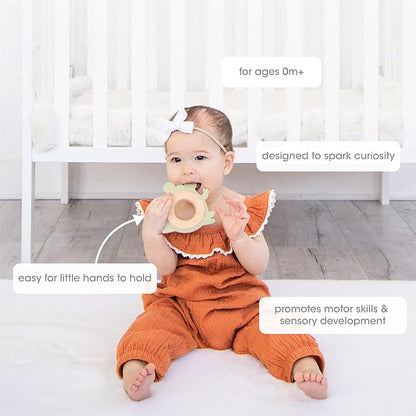 Pearhead Frog Wooden Baby Teether, Natural Wooden Teething Toy for Babies 0+ Months