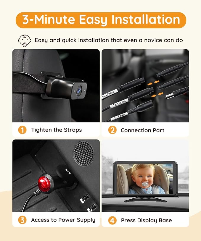 Baby Car Camera Plug-Play, 4.5" 1080P HD Crystal Clear View Baby Car Mirror Camera with 3X Zoom, IR-Cut Night Vision, Flexible 360 Rotation Adjustable Function