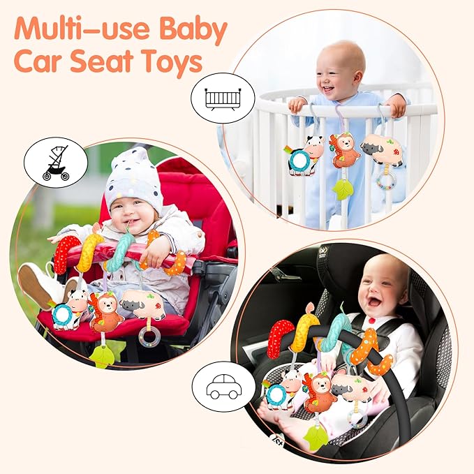 XIXILAND Car Seat Toys for Babies 0-6 Months Boy Girl Carseat Toys Hanging Spiral Stroller Toys, Infant Toys Baby Toys 0-6 Months Newborn Toys 0 3 Months Brain Development with Mirror Teether Rattle