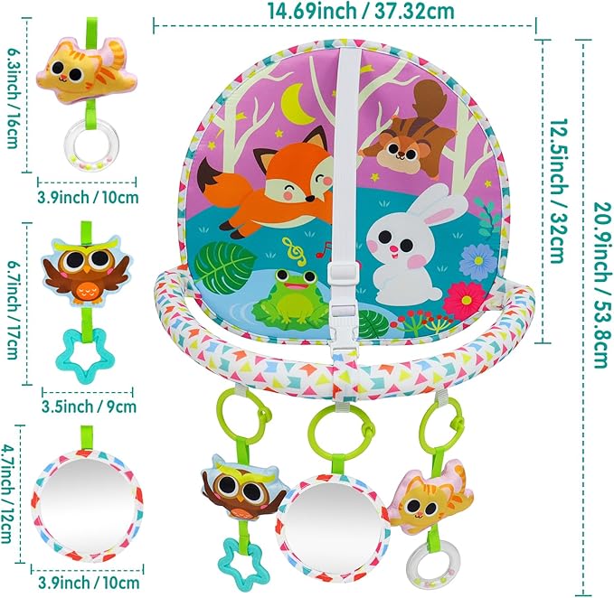 OKOOKO Car Seat Toy Rear Facing Car Seat Toy Baby Travel Toy Double-Sided with Baby Mirror Plush Toys Rattle Teether Thickened Pad Adjustable Sensory Toy for Newborn Baby Infant
