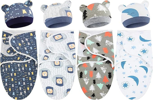 Buryeah 4 Pack Preemie Swaddle Blanket Wrap Set with Hat for Baby Boys Girls 3-7 Lbs Preemie Newborn Clothes Sleepers Cap