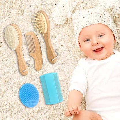 Wooden Natural Goat Bristle Brush and Cradle Cap Comb Set - 5 in 1 Baby Grooming Kit for Newborns, Toddlers, Boys, and Girls (Blue)