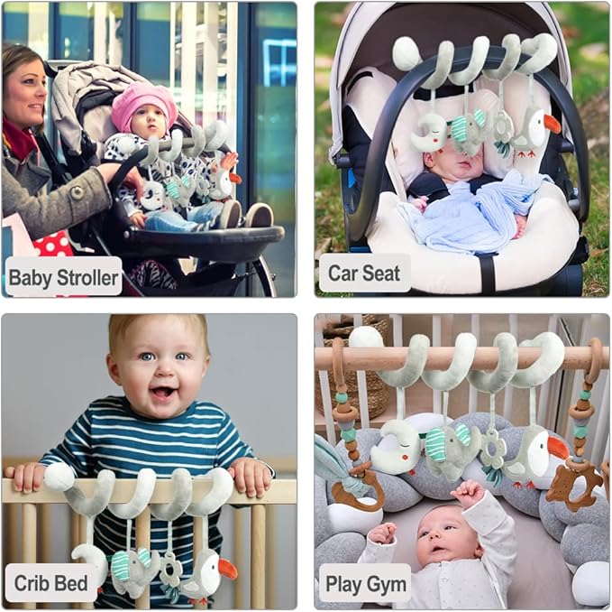 Baby Car Seat Toys, Activity Spiral Plush Hanging Wrap Around Pram Pushchair Stroller Toys, Sensory Early Education Toy for Toddler, Grey Elephant