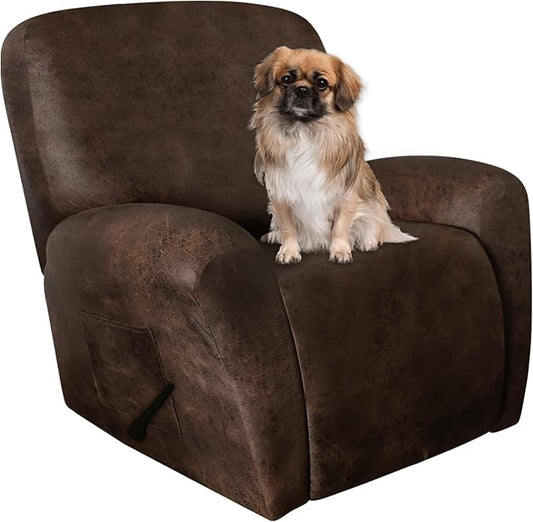 Leather Look Recliner Chair Covers Stay in Place 4-Piece Lazy Boy Recliner Slipcovers for Reclining Chair Furniture Protector Spandex Fabric Washable (X-Large, Dark Brown)