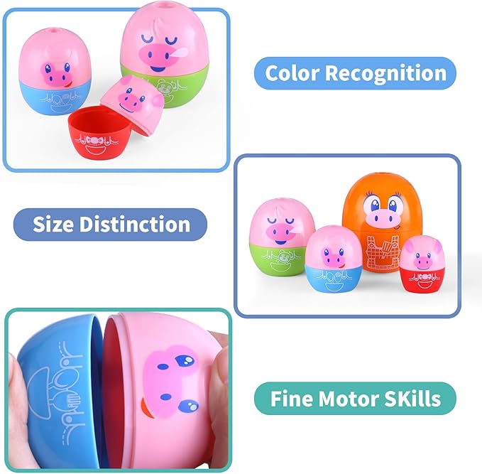 Piggy Toddler Stacking Nesting Toys for Toddlers 1-3, 8PCS Pig Eggs Matching Game STEM Preschool Learning Sensory Nesting Dolls Animals Baby Bath Toys Gift for 6 Months+