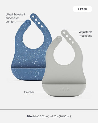 Lalo First Bites Silicone Baby Feeding Set - Baby Led Weaning Supplies - Non-Toxic Silicone - Includes 2 Bibs, 2 Spoons, Training Cup, Suction Plate and Bowl - 6 Pieces - Blueberry