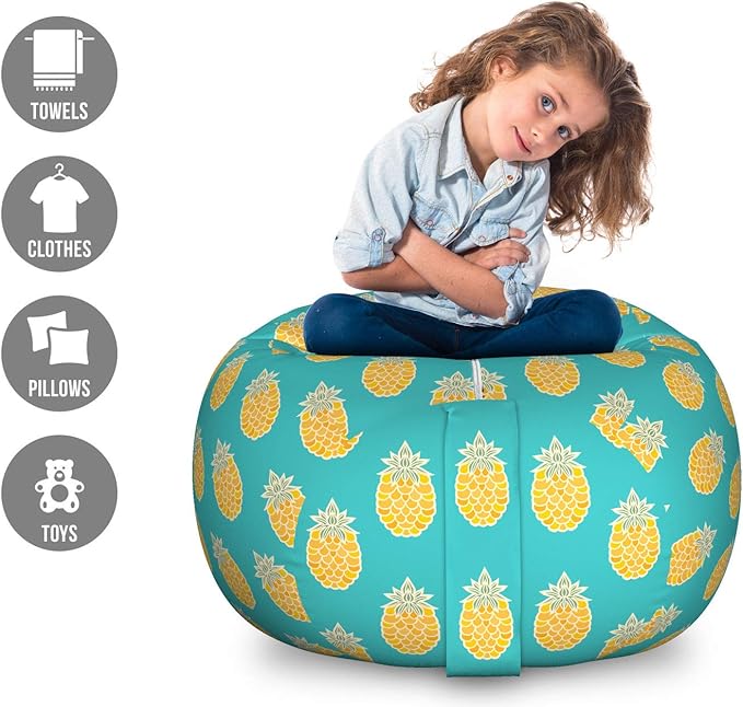 Lunarable Fruits Storage Toy Bag Chair, Pineapples Caribbean Tropical Hipster Nature Exotic Jungle Kitchen Print, Stuffed Animal Organizer Washable Bag, Large Size, Turquoise and Mustard