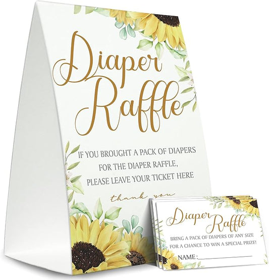 Sunflower Diaper Raffle Sign,Diaper Raffle Baby Shower Game Kit (1 Standing Sign + 50 Guessing Cards) Diapers-N08