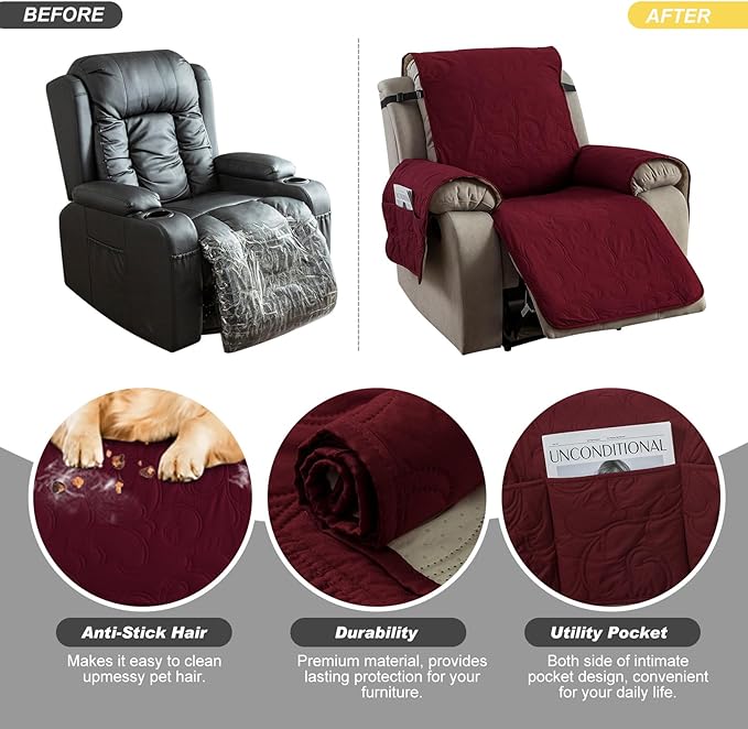 100% Waterproof Recliner Chair Cover, Recliner Chair Covers for Reclining Chair, Non-Slip Fabric Recliner Couch Cover for Living Room, for Pets Kids Protector, Washable (Wine Red, 28"Recliner Chair)