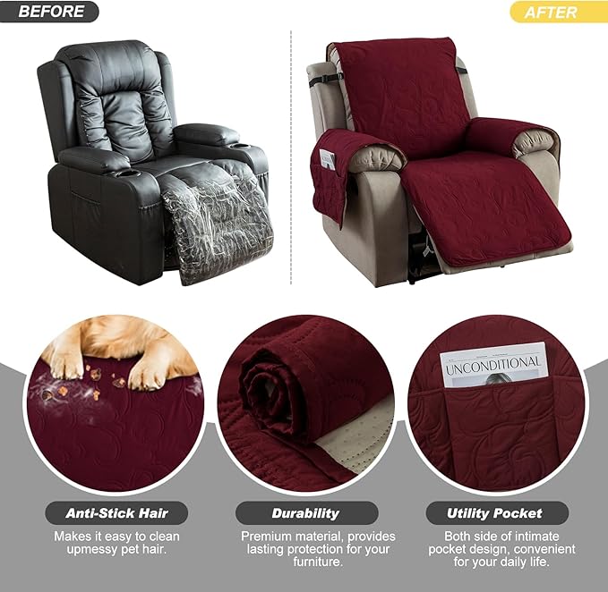100% Waterproof Recliner Chair Cover, Recliner Chair Covers for Reclining Chair, Non-Slip Fabric Recliner Couch Cover for Living Room, for Pets Kids Protector, Washable (Wine Red, 23"Recliner Chair)
