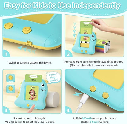 Bilingual Talking Flash Cards Spanish/English, Learning Sensory Toys for Autistic Children, 224 Sight Words Español Speech Therapy Kids Toys Beginner, Birthday Gift for Little Boys and Girls