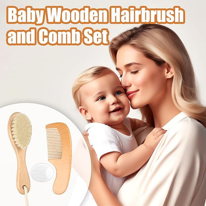 Wooden Baby Hair Brush and Comb Set, 3Pcs Natural Soft Goat Bristles Brush Cradle Cap Comb Baby Shower Scrubber Perfect Scalp Grooming Product for Newborn, Toddler, Infant (White)