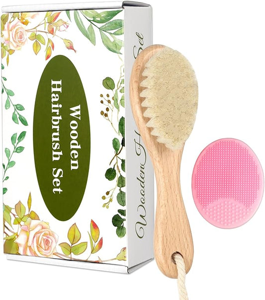 Wooden Soft Goat Bristles Brush with Baby Silicone Hair Scrubber Cradle Cap Brush for Newborn, Toddler, Infant, Baby Hair Care Kit (Pink)