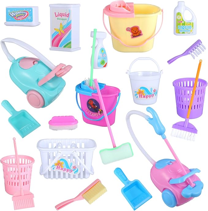 22 Pieces Miniature Bucket Doll Housework Cleaning Supplies Mini Dollhouse Accessories Mop Dustpan, Brush
