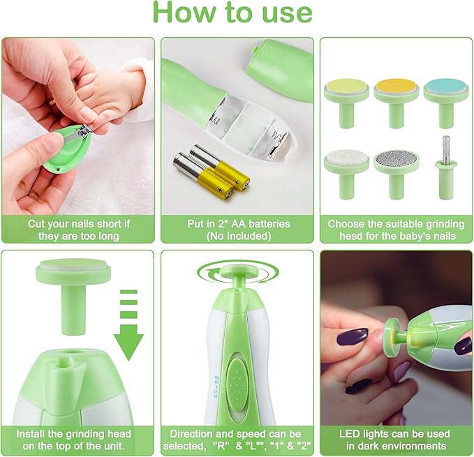 OTTOLIVES Baby Nail Trimmer Electric Newborn Toddler, Safe Baby Nail Clippers Set with Light and 6 Replacement Heads, Baby Nail File Trim Polish Toes Fingernails Care Infant Essentials(Green)