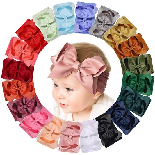 doboi Baby Girl Headbands Set - 20pcs Hair Bows and Nylon Headbands, Big Bows for Infant