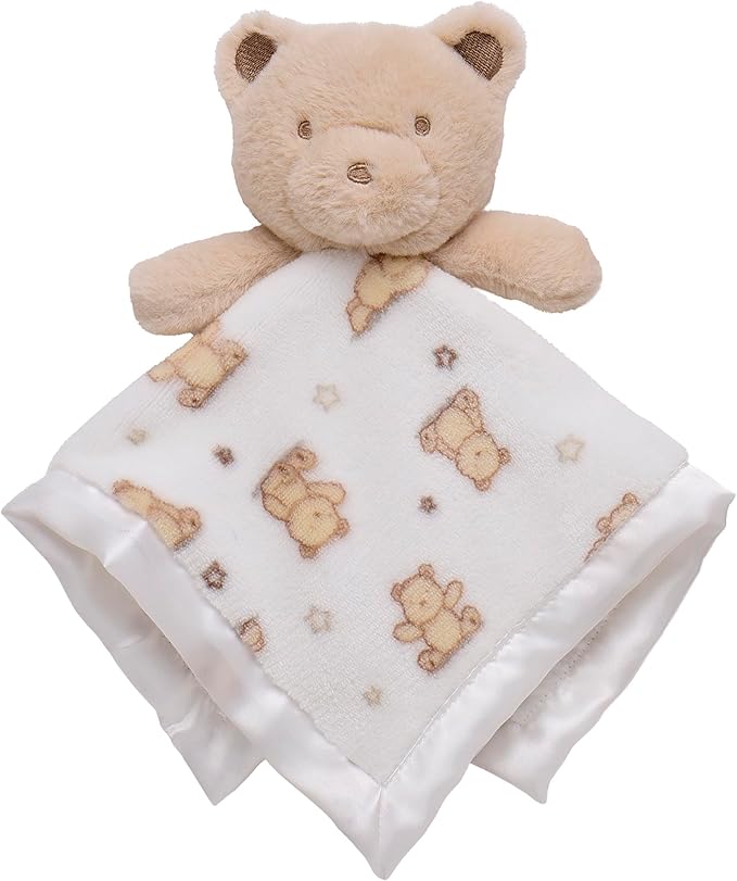 Plush Rattle Baby Snuggle Blanket with Satin, Bear Print (14 inch)