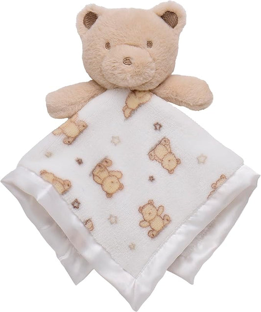 Plush Rattle Baby Snuggle Blanket with Satin, Bear Print (14 inch)