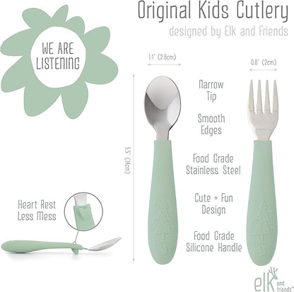 Elk and Friends Silicone Suction Plate for Babies/Toddlers + Stainless Steel Silverware Feeding Set | Divided Plate | Suction Design | Forks + Spoons Included | 3 Pack